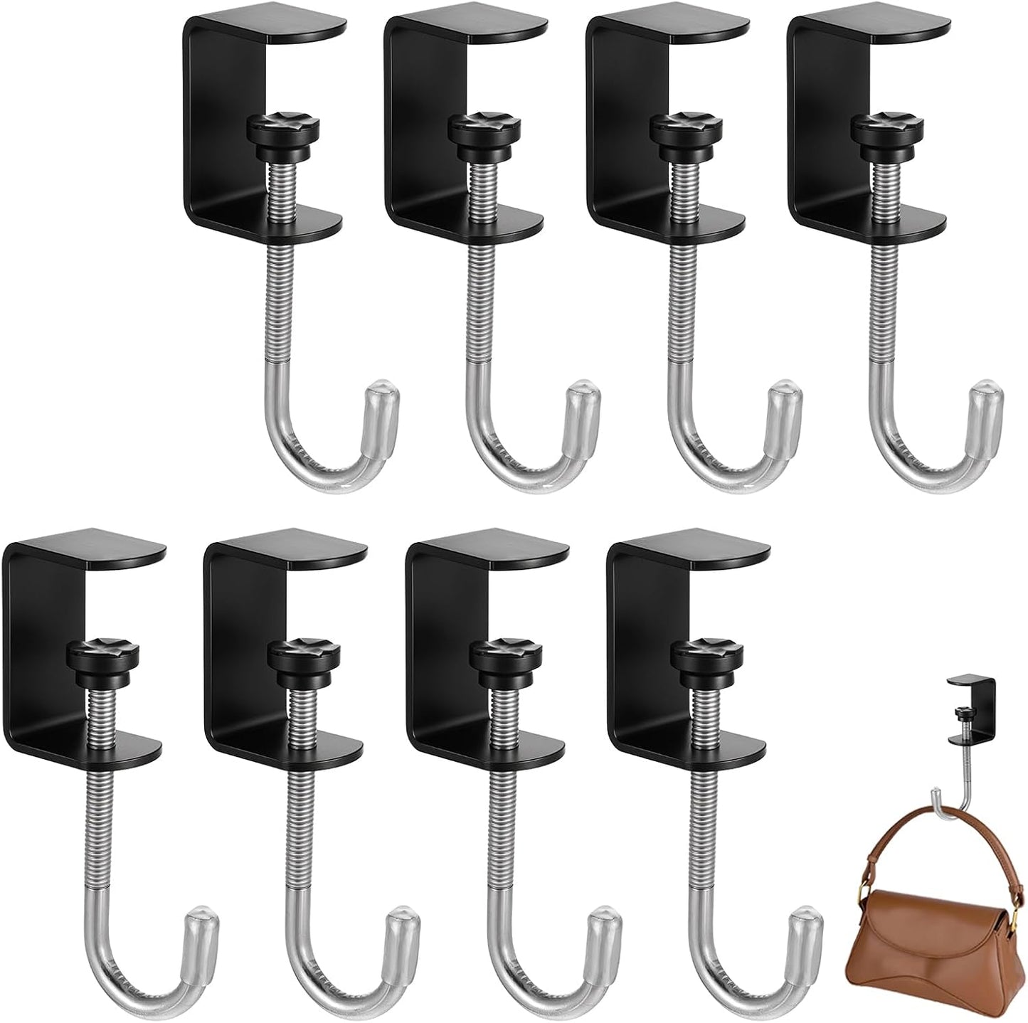cobee Clamp-On Under Desk Hooks, Desk Mount Hanging Bag Holder Metal Hook Adjustable Headphones Clamp Organizer Portable Purse Hanger Clip Reduce Desk Clutter Table Desk Under Counter (4 Pcs, Black)
