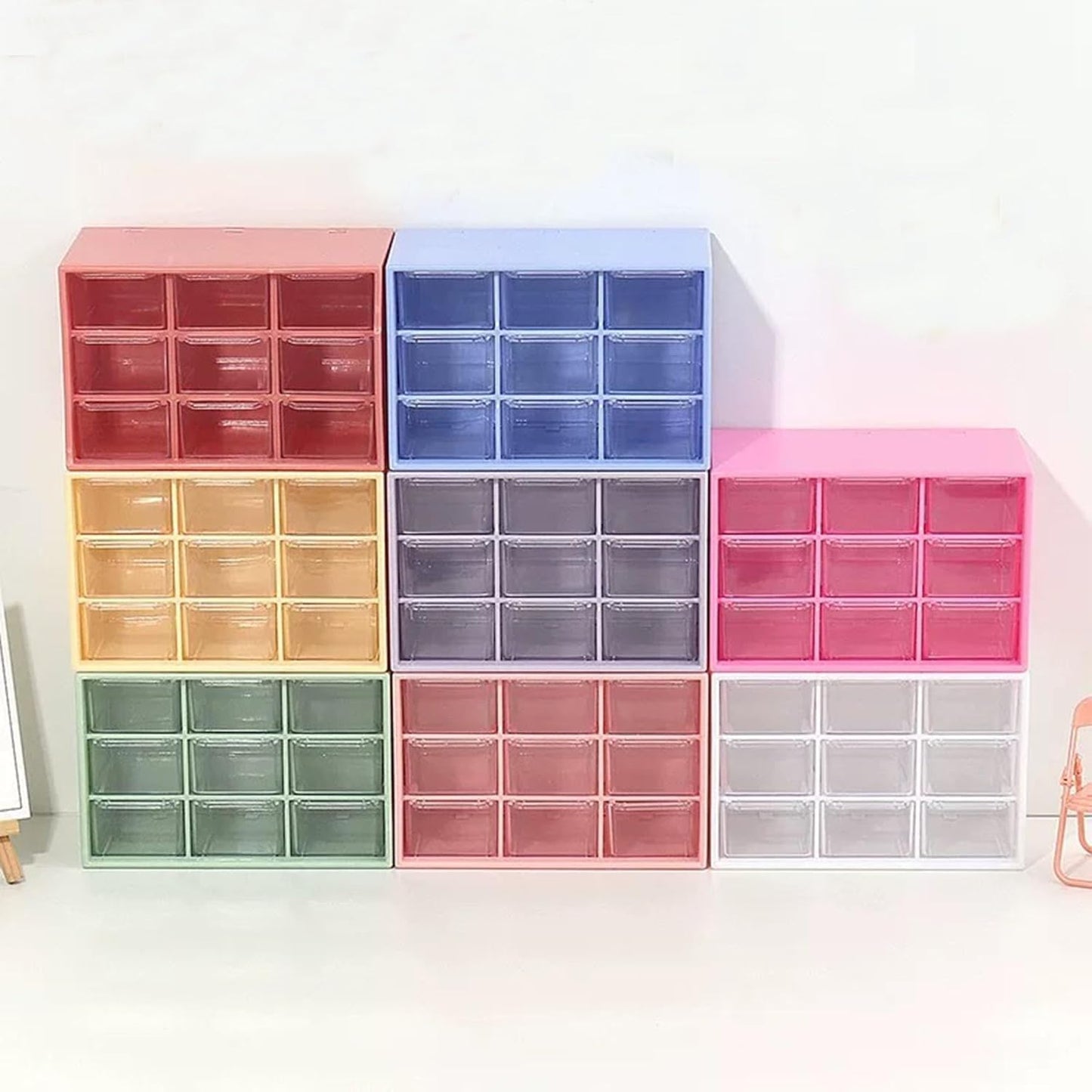 Feadily 2PCS Small Drawer Organizer for Desk, Desktop Drawer Organizer with 9 Clear Drawers, Plastic Desktop Storage Drawers 7.1 Inch x 3 .9 Inch x 4.7 Inch, White