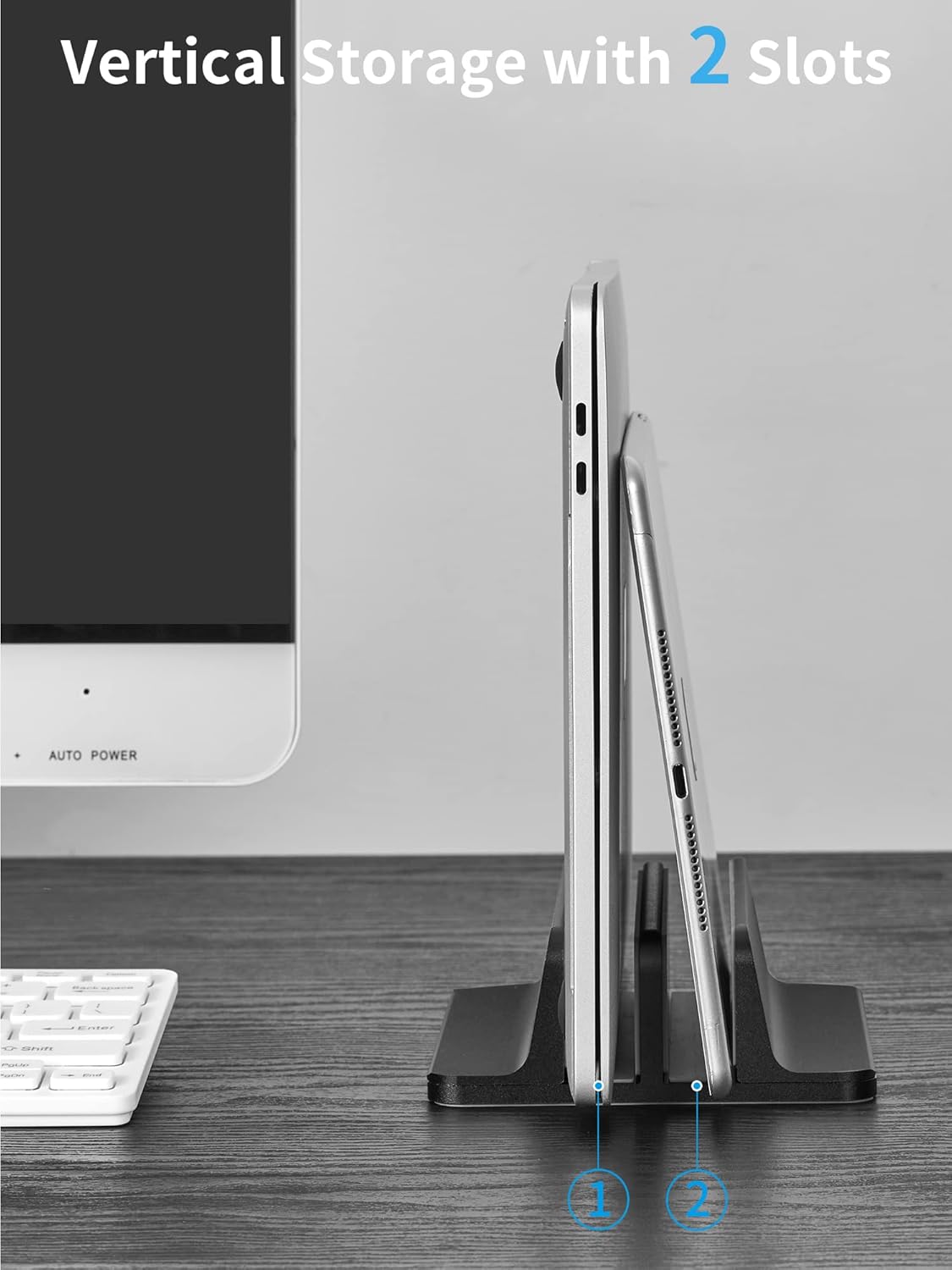 JARLINK Vertical Laptop Stand Holder, Aluminum Double Desktop Stand Holder with Adjustable Dock (Up to 17.3 inch), Compatible with MacBook, Surface, Chromebook, and Gaming Laptops, Silver