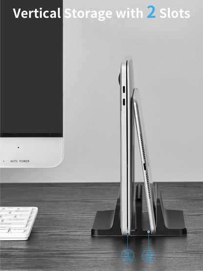 JARLINK Vertical Laptop Stand Holder, Aluminum Double Desktop Stand Holder with Adjustable Dock (Up to 17.3 inch), Compatible with MacBook, Surface, Chromebook, and Gaming Laptops, Silver
