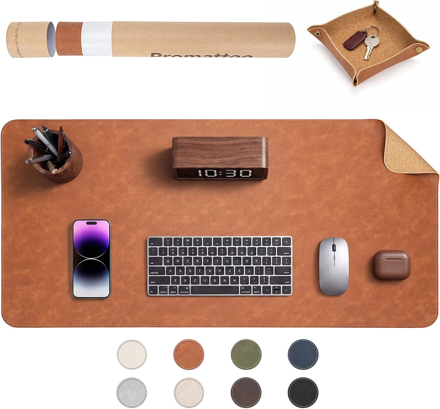Premium Faux Leather Desk Mat & Tray Set，Innovative Cork-Look Printed Base，Gift Tube Packaging，Full-Desk Coverage，Non-Slip Desk Pad for Office Home（Olive Green）