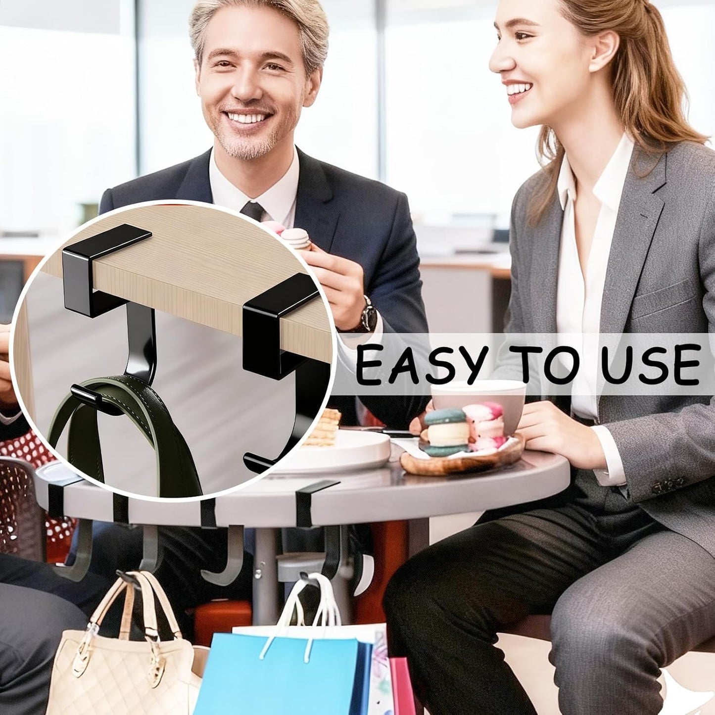 2PCS Heavy Duty Purse Hook for Table, Portable 5-Shaped Handbag Hanger for Desk, Non-Slip Alloy Bag Holder for Umbrellas, Backpacks, Office and Dining Use (Black)