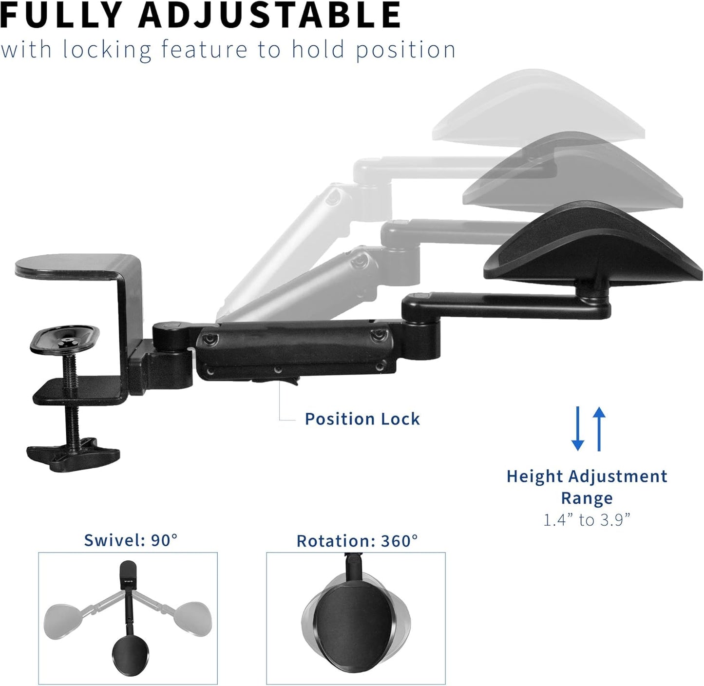 VIVO Universal Clamp-on Adjustable Armrest, Desk Cradle Rotating Elbow Cushion, Above Table Extension Platform Arm Support, Black, MOUNT-ARM01