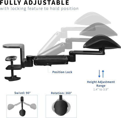 VIVO Universal Clamp-on Adjustable Armrest, Desk Cradle Rotating Elbow Cushion, Above Table Extension Platform Arm Support, Black, MOUNT-ARM01