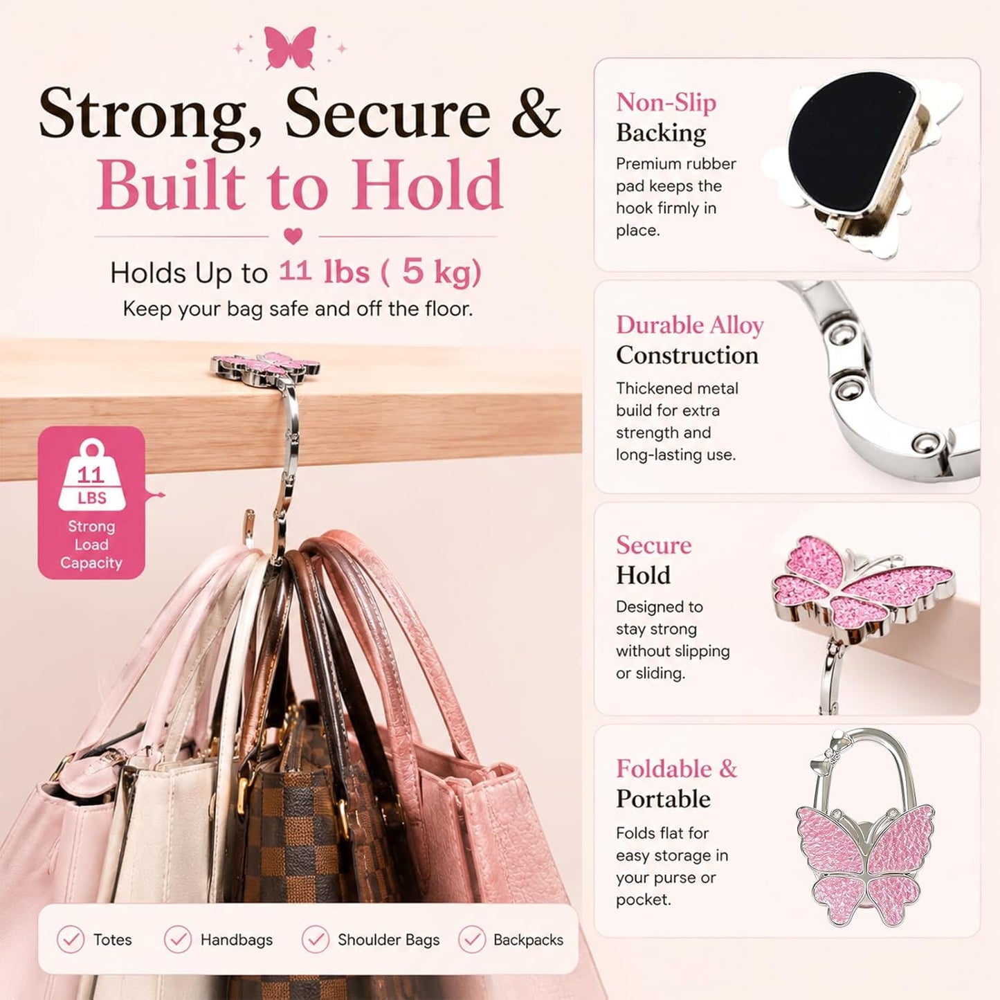 Portable Purse Hook for Table Foldable Handbag Hanger Folding Bag Holder Black