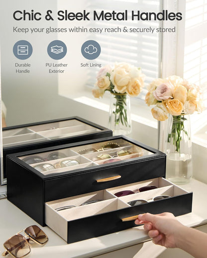 Lolalet Sunglasses Organizer for women, Multi Eyewear Storage Box with Drawer, Glasses Case Display Holder with Clear Top