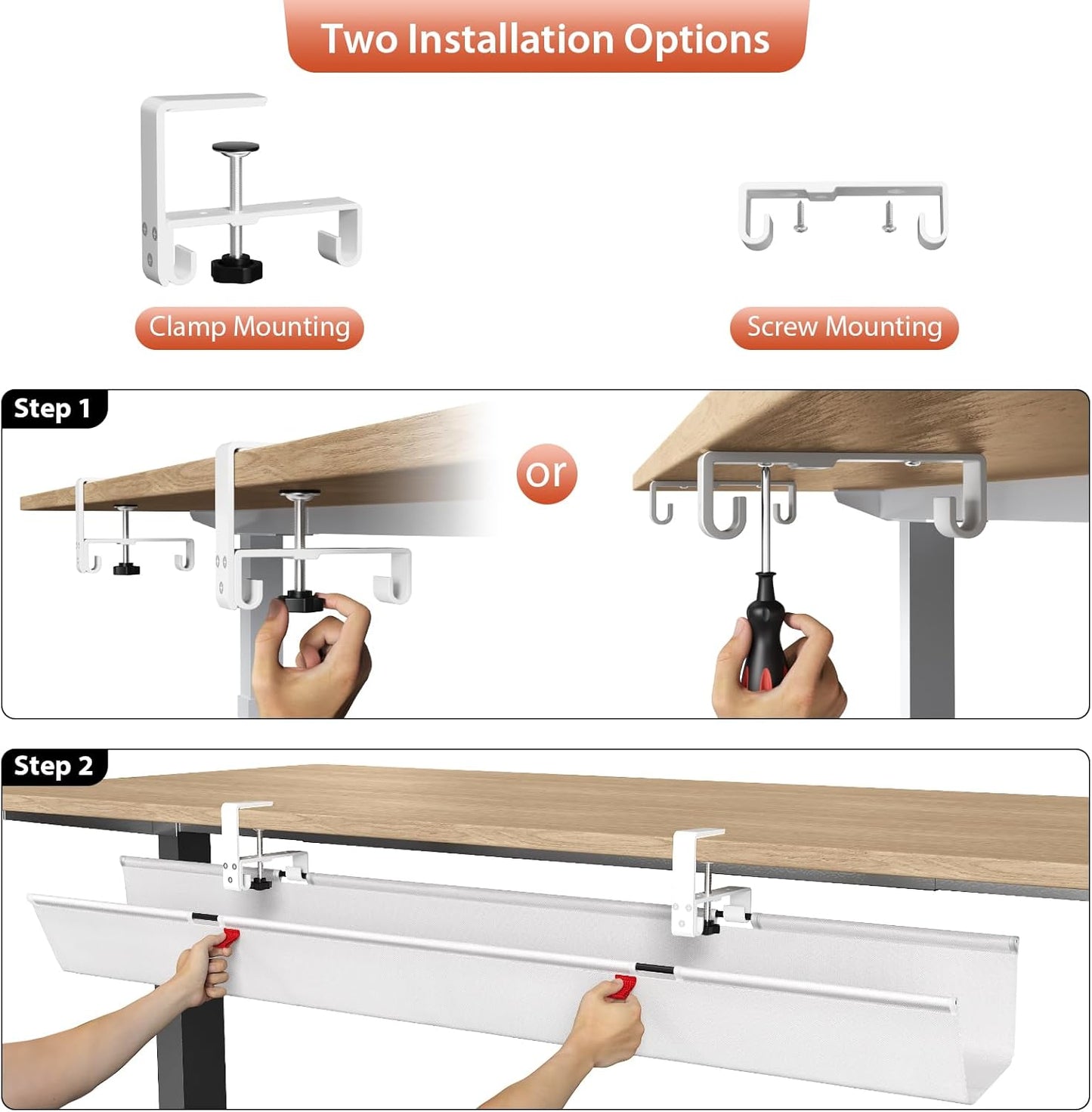 Univivi No Drill Under Desk Cable Management Tray, 36" Cord Organizer for Table, Clamp/Screw Mount Desk Cable Management, Premium Fabric Cable Management Tray for Office, Home