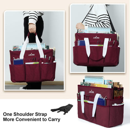 JJRING Craft Organizer Tote Bag for Art Storage, Caddy with Multiple Pockets, Bluish Green Sewing Bag for Scrapbooking, School, Medical, and Office Supplies