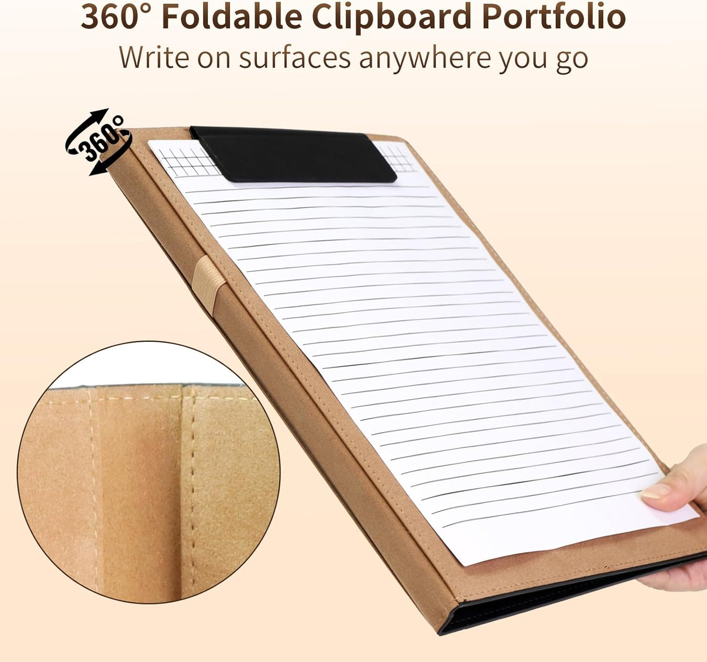 360° Foldable Clipboard Portfolio with Non-Marking Magnetic Clip & Elastic Pen Loop, A4/Letter Document Holder for Business, Office & Interviews
