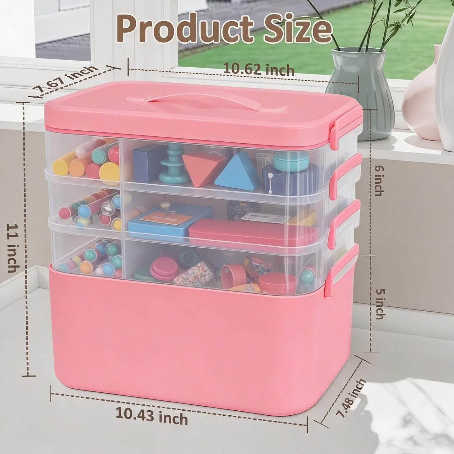 3-Layer Plastic Craft Organizers and Storage Box with Removable Trays, Storage Containers with lids and Handle, Art Supply Storage Organizer for Bead, Ornament, Nail Polish, Tape（10.62"x9"x7.67"）