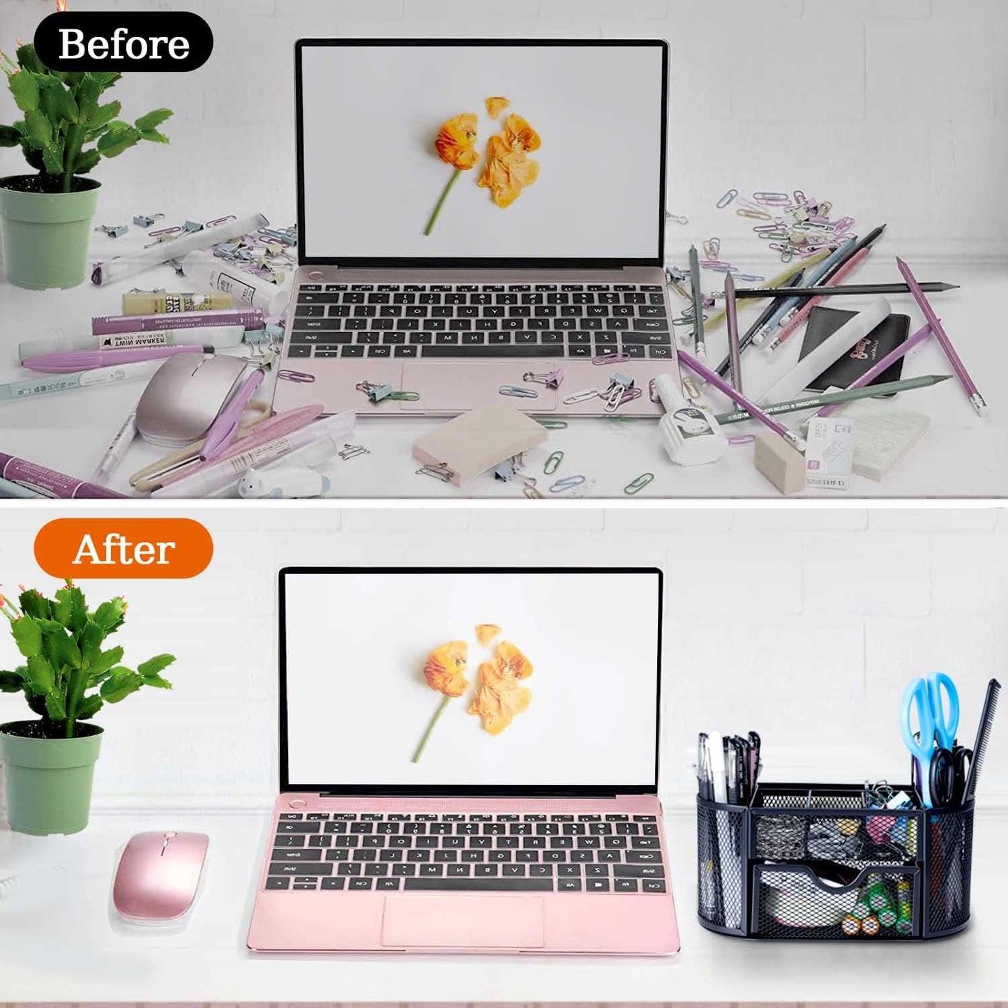 2-Piece Desk Pen & Pencil Organizer - Mesh Metal Pen Cup with Sticky Notes Holder, Black | Pen Cup