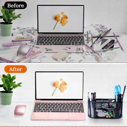 2-Piece Desk Pen & Pencil Organizer - Mesh Metal Pen Cup with Sticky Notes Holder, Black | Pen Cup