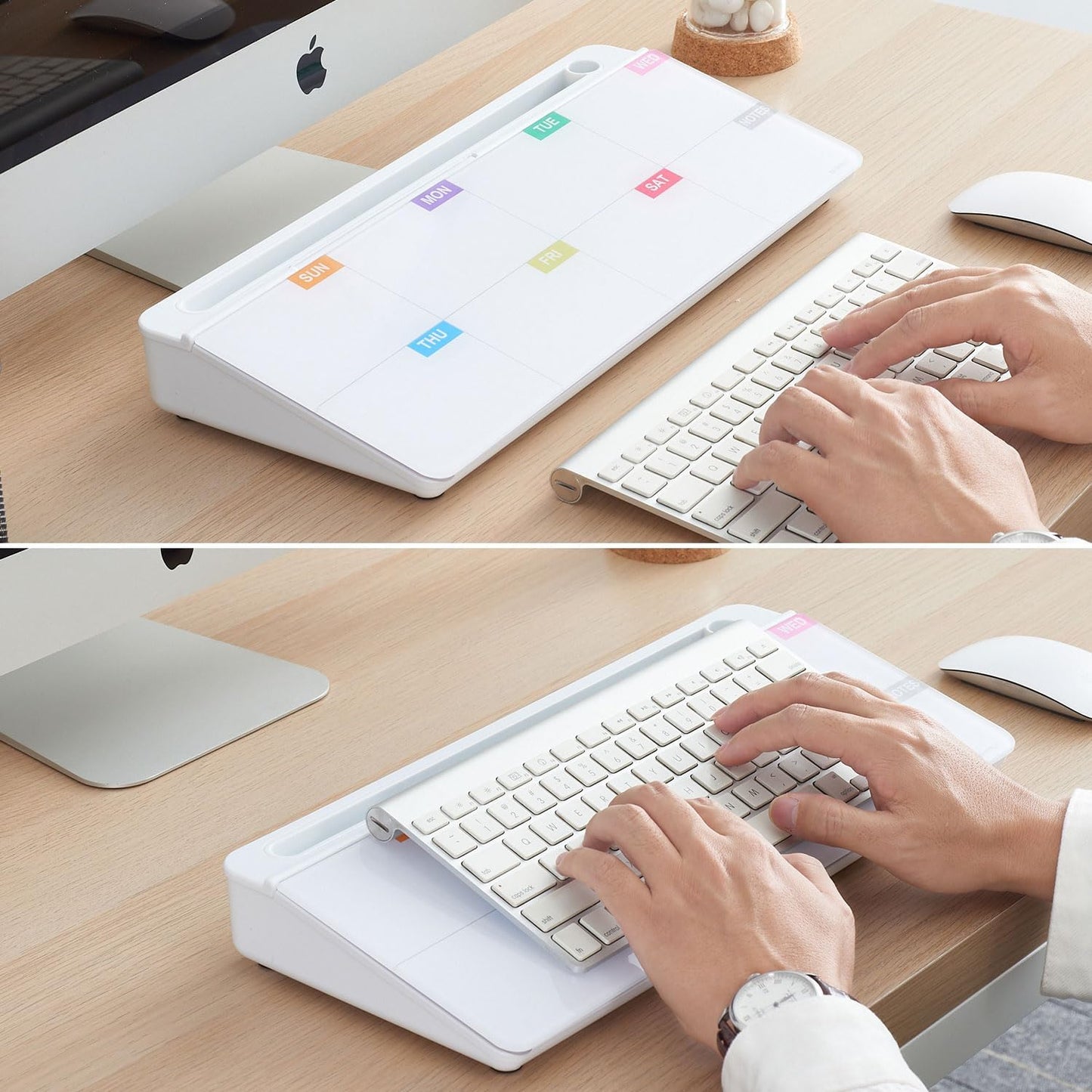 TSJ OFFICE Small Desktop Whiteboard -Glass Dry Erase Board Computer Keyboard Stand White Board Surface Pad with Drawer, Desk Organizers with Accessories for Office, Home, School Supplies - White