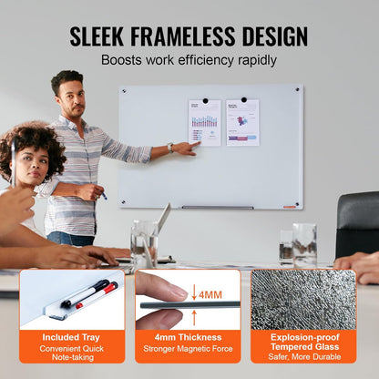 VEVOR Magnetic Glass Whiteboard, Dry Erase Board 36"x24", Wall-Mounted Large White Glassboard Frameless, with Marker Tray, an Eraser and 2 Markers, Black