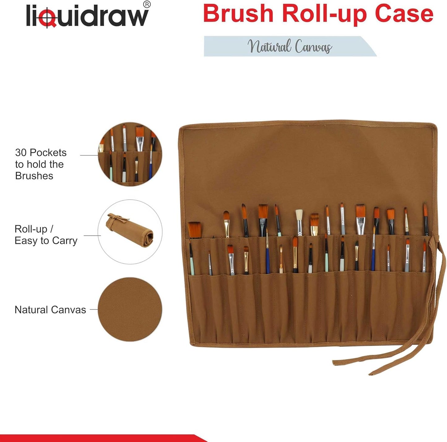 Liquidraw 30 Pocket Canvas Paint Brush Holder - Natural | 21" x 18" | Roll Up Brush Storage Pouch | Ideal Case for Paintbrush & Art Tool Storage | Easy to Carry | Also Great for Storing Makeup Brushes
