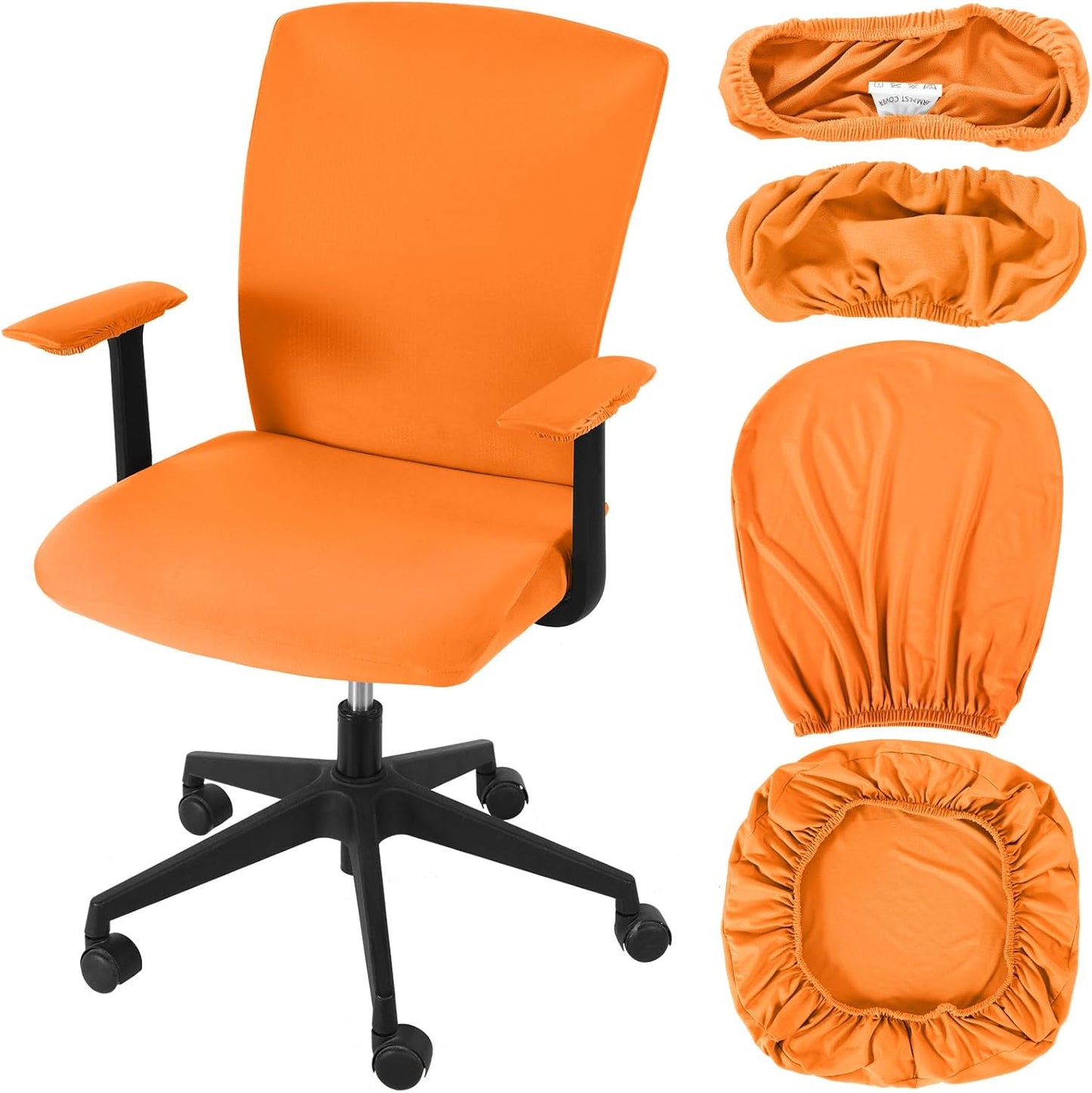 Tallew 4 Pcs Office Chair Covers Set Computer Universal Protective Stretchable Chair Seat Covers Desk Armrest Cover Pads Office Cushion Backrest for Rotating(Regular,Black)