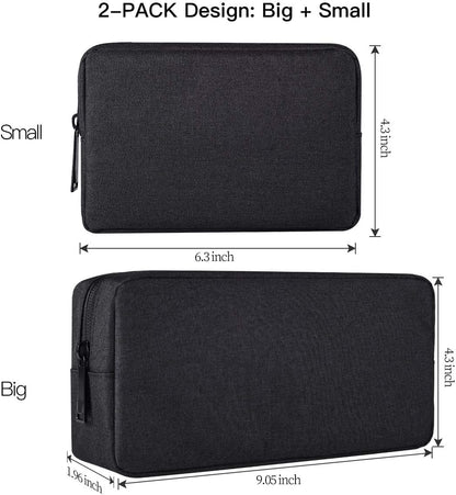 imComor Universal Electronics Accessories Case, 2-Pack Portable Soft Carrying Case Bag Wire Cable Organizer for Hard Drive, Power Adapter, Laptop Mouse, Cosmetics Kit, Small+Big-Black
