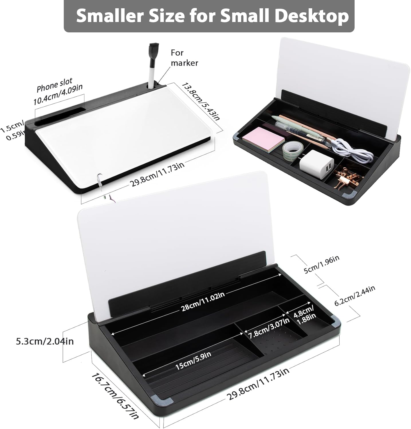 Varhomax Glass Desk Buddy Whiteboard with Storage, Small Dry Erase Desktop White Board Caddy to-do List Memo Notepad for Office, School and Home Office Supplies (Black)