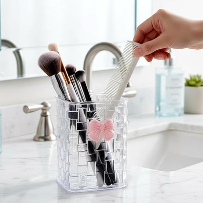 Artistic Acrylic Pen Holder Cute, Clear Makeup Brush Holders with Woven Texture and a Pink Bow, Transparent Stylish Pencil Holder for Desk, Clear Pencil Organizer Pen Caddy for Desk School Accessories