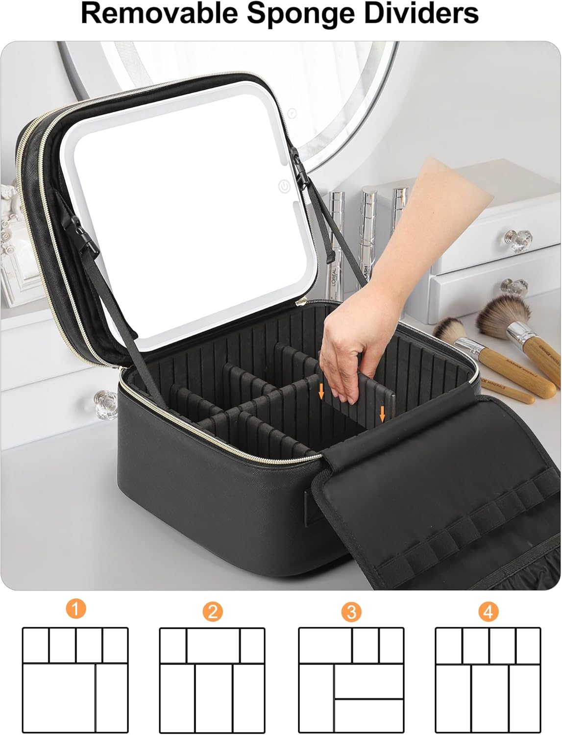 Relavel Travel Makeup Bag With LED Mirror, Cosmetic Train Case with Light up Mirror, Portable Makeup Artist Organizer Bag with Adjustable Dividers, Makeup Brush Holder Storage, Black