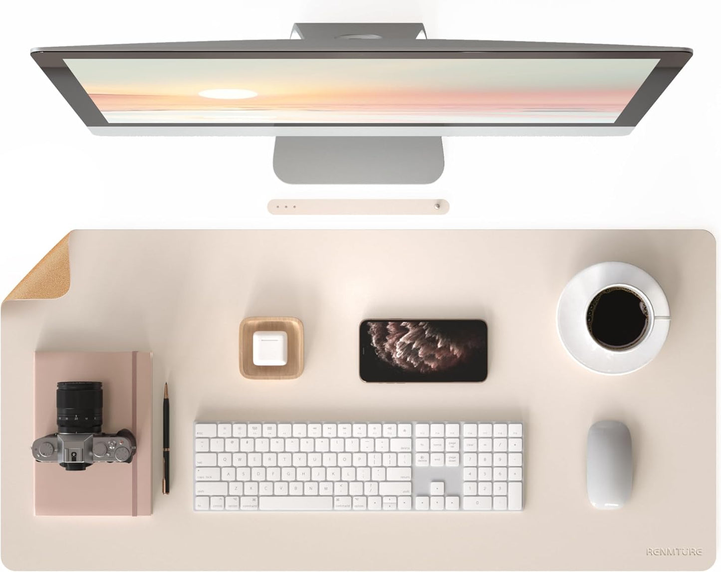RENMTURE Desk Pad, Cork & PU Leather Desk Mat, Large Mouse pad, Non-Slip Desk Protector and Blotter, Waterproof Writing Pad, Desk Accessories and Organizers for Home Office (Light Yellow, 32"x16")
