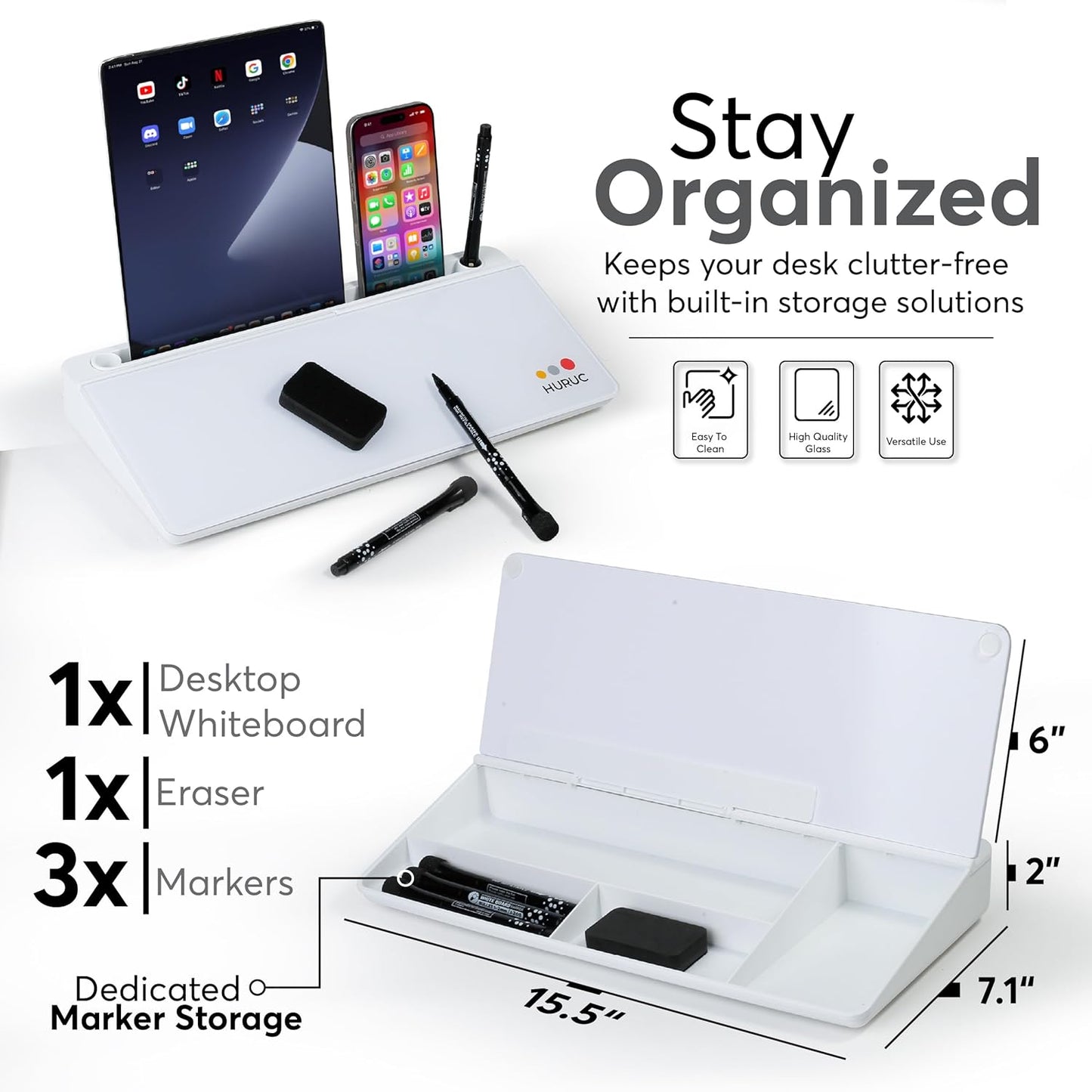 HURUC Small Glass Desktop Whiteboard with Storage,15.3"x7.08"x2.16" inch Desktop Dry Erase Board with Markers & Duster, Desk White Board Buddy Organizer for Home, Office, School (Black)