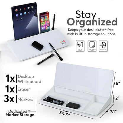 HURUC Small Glass Desktop Whiteboard with Storage,15.3"x7.08"x2.16" inch Desktop Dry Erase Board with Markers & Duster, Desk White Board Buddy Organizer for Home, Office, School (Black)