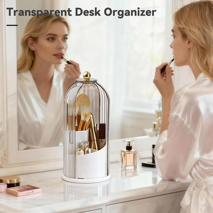 Hvygss 360° Rotating Makeup Brush Holder with Lid, Waterproof Three-Compartment Makeup Organizer, 180° Side-Pull Door Desk Organizer, Dustproof Brush Holder for Vanity and Bathroom (Transparent)