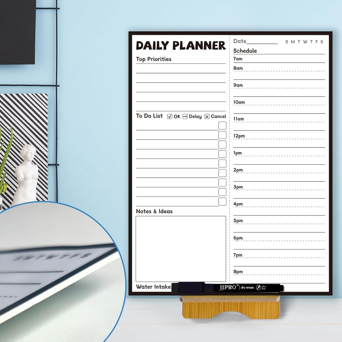 JJPRO Reusable Desktop Daily Planner with Stand,Reusable Time Schedule Board,11"x8.5" Hourly Schedule Dry Erase Board with Time Slots,Desk Hourly Dry Erase Board with Engineered Wood Stand for Office
