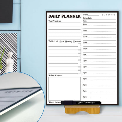 JJPRO Reusable Desktop Daily Planner with Stand,Reusable Time Schedule Board,11"x8.5" Hourly Schedule Dry Erase Board with Time Slots,Desk Hourly Dry Erase Board with Engineered Wood Stand for Office