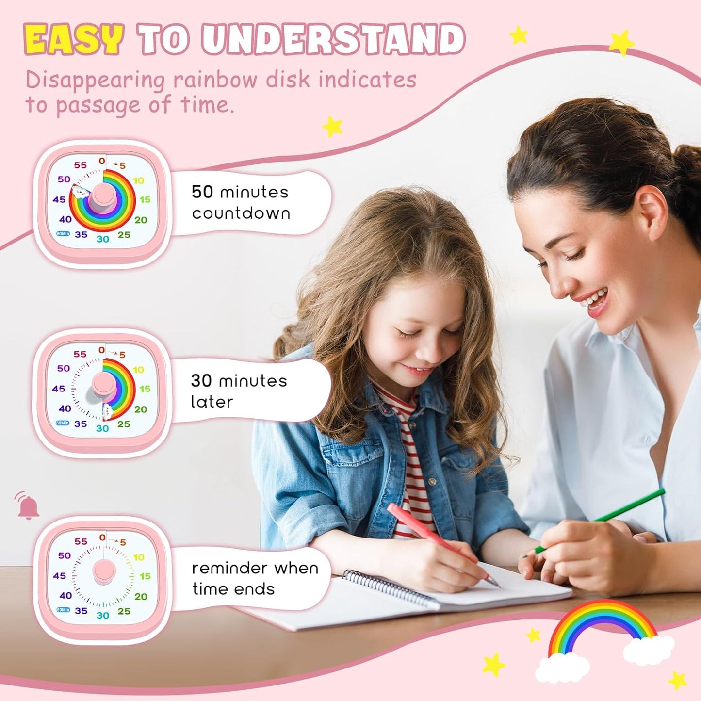 HIPPIH Visual Timer for Kids - 60 Minute Pomodoro Timers for Classroom Kitchen Office, Countdown Kids Timer Clock with Rainbow Disk, Desk Time Management Tool for Toddler with Silent Operation, Blue