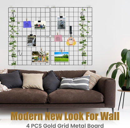 CIKLCIX Metal Grid Wall Panel, Wire Grid Photo Display Organizer, 17.3"×11.8" Gold Wire Board Grid Wall, Grid Picture Frame, 2-Pack Wire Mesh Memo Board With Clips and Hooks