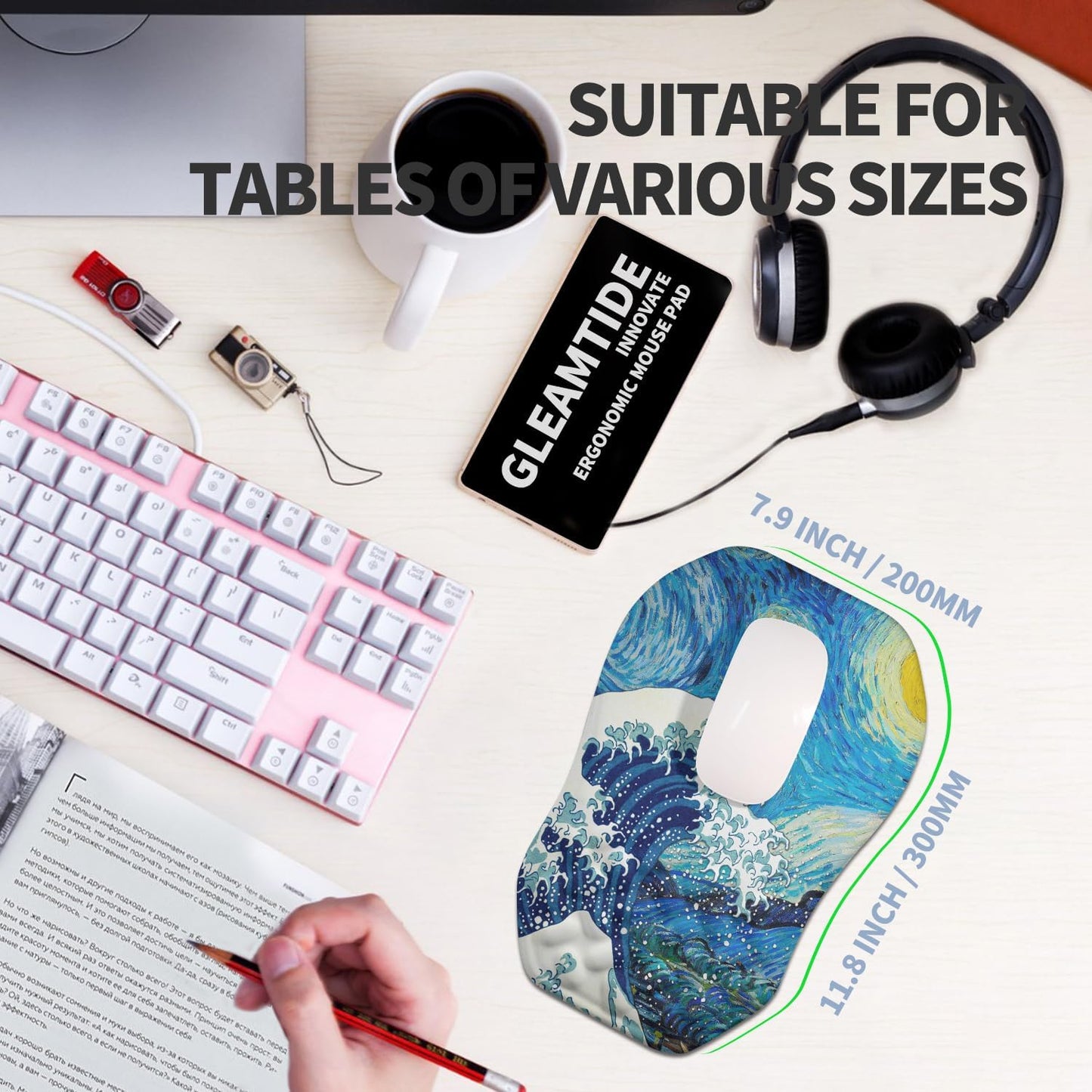 Ergonomic Raised Mouse Pad Wrist Support with Bilateral Slope Memory Foam Mousepad for Wrist Rest and Carpal Tunnel Pain Relief 11.8x7.9〃 Black