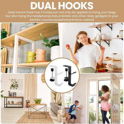 2Pcs Clamp-On Under Desk Headphone Holder Backpack Hook Students' Desk Hook with Adjustable Arm Clamp Women's Bag Handbag and Purse Holder - Suitable for Plate Between 1-5cm / 0.4-1.96” - Black