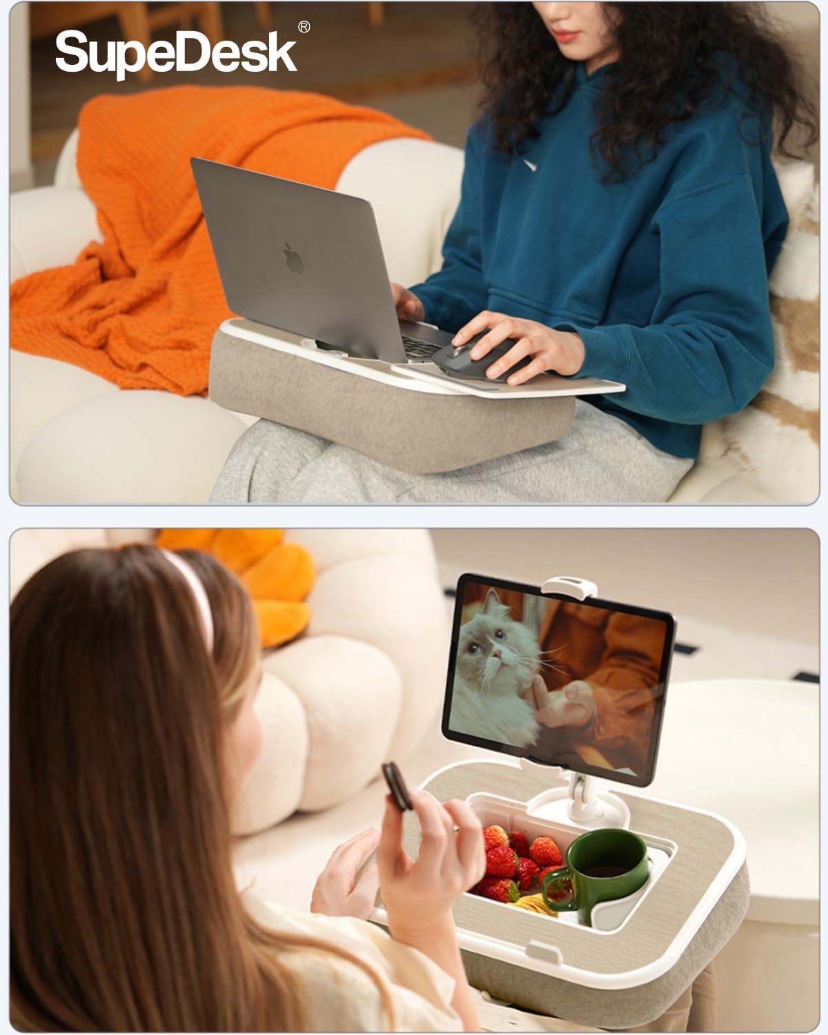 SupeDesk Laptop Lap Desk, Adjustable iPad Holder for Bed, 360° Swivel Tablet Arm, Laptop Desk with Mouse Pad, Snack Bowl & Cup Holder, Fits 4.7–13” Tablets & 15” Laptop