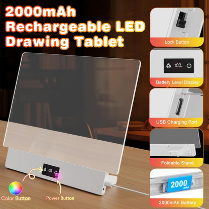 16" LED Drawing Board for Kids, USB-C Rechargeable Neon Glow Pad for Tracing & Creative Play,2000mAh Battery with 72h Runtime, Anti-Scratch 5H Acrylic Surface,7 Markers & A4 Tracing Paper Kit