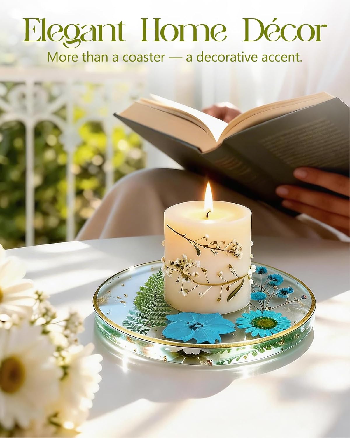 Oqplog Resin Drink Coaster for Desk Coffee Table-White Cute Dried Flowers Cup Coaster for Work Office Home Outdoor Decor Gifts for Girls Women,1 Pcs