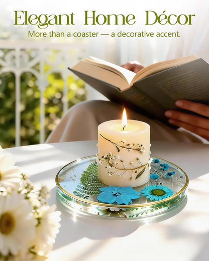 Oqplog Resin Drink Coaster for Desk Coffee Table-White Cute Dried Flowers Cup Coaster for Work Office Home Outdoor Decor Gifts for Girls Women,1 Pcs