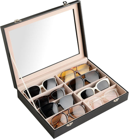 Frebeauty Sunglass Organizer,PU Leather Glasses Organizer,8-Slot Sunglasses Tray,Men's/Women's Sunglasses Box,Sunglass Case,13.3 x 9.6 x 1.5 Inches,Eyeglass/Eyewear Display Tray(Grey)