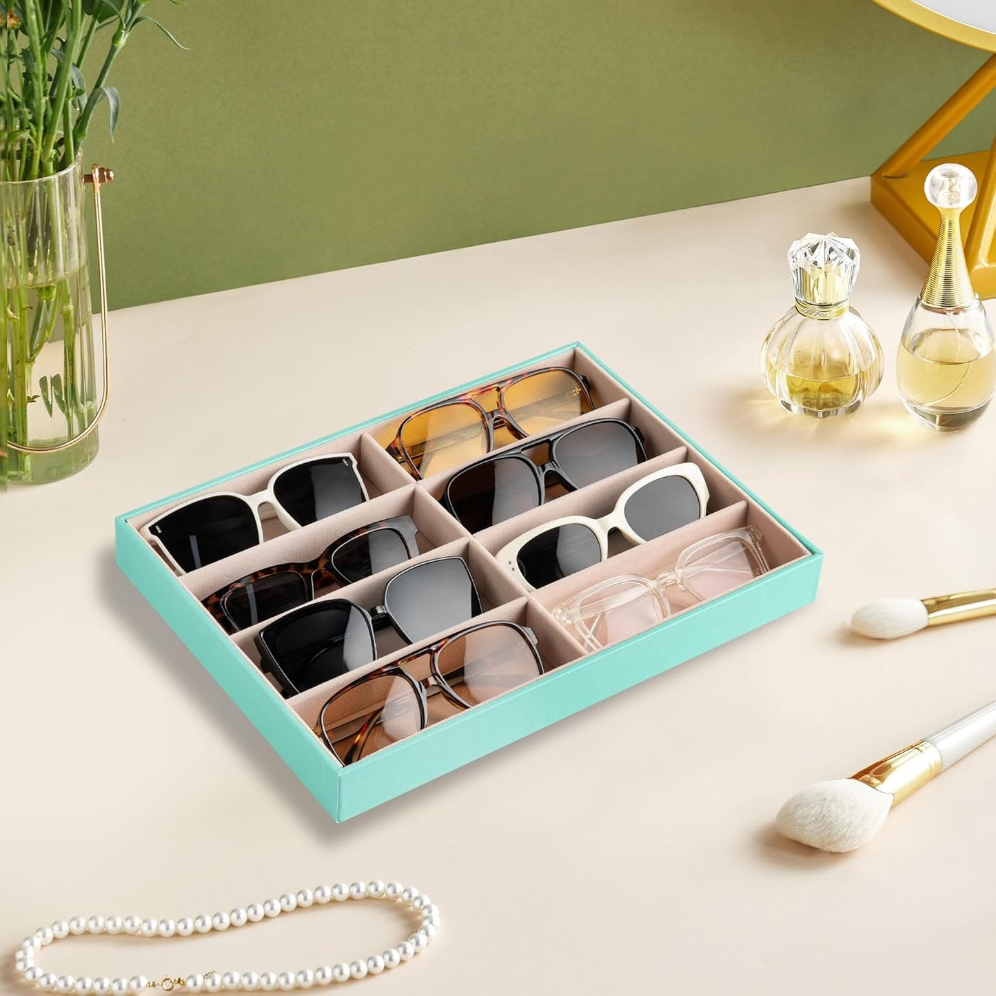 Frebeauty Sunglass Organizer,PU Leather Glasses Organizer,8-Slot Sunglasses Tray,Men's/Women's Sunglasses Box,Sunglass Case,13.3 x 9.6 x 1.5 Inches,Eyeglass/Eyewear Display Tray(Grey)