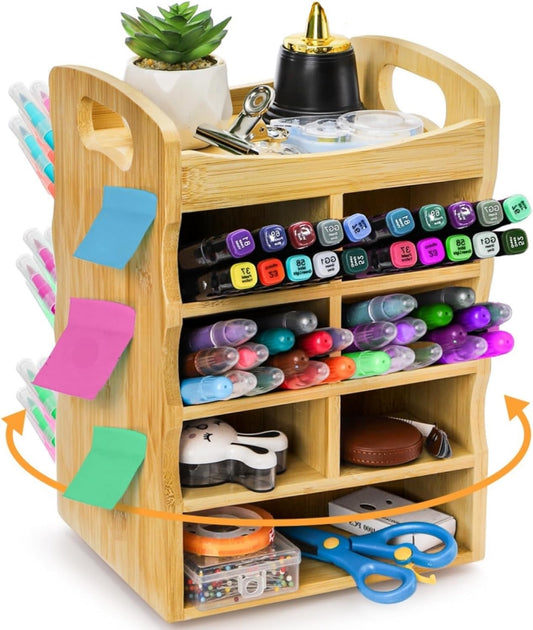 ZAVOOS Bamboo Art Supply Organizer, 360° Rotating Pen Holder with Handle, Holds 400+ Pencils, 15 Compartments Desktop Storage Stationary Caddy for Colored Pencil, Pens, Art Brushes, Crayon