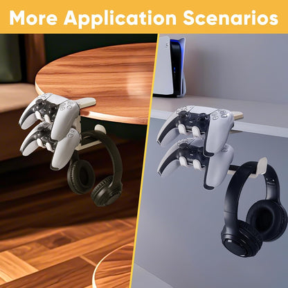 Under Desk Headphone Hanger with Strong Adhesive and Screws Mount, 360° Rotatable Dual Headset Holder Stand, Aluminum Metal Adjustable Headphone Hook, Perfect for Home Gaming & Office - Black