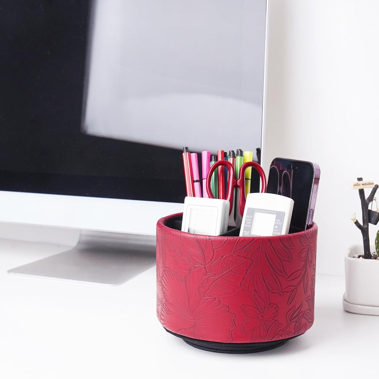 Round Leather Art Supply Organizer,Remote Control Holder,360 Degree Rotating,Multi-Functional Pencil Holder,4 Compartments Desktop Stationary Organizer(1-Fractal Flower) | Round - Colors C