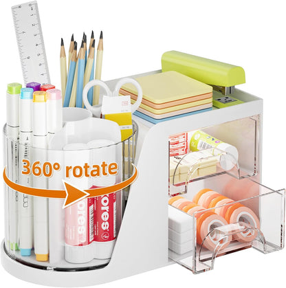 Marbrasse Desk Organizer with 2 Drawer, 360°Rotating Pen Holder, Desk Organizers and Accessories with 6 Slots Pencil Holder + 2 Drawer, Art Supply Storage Box Caddy for Office (Black)