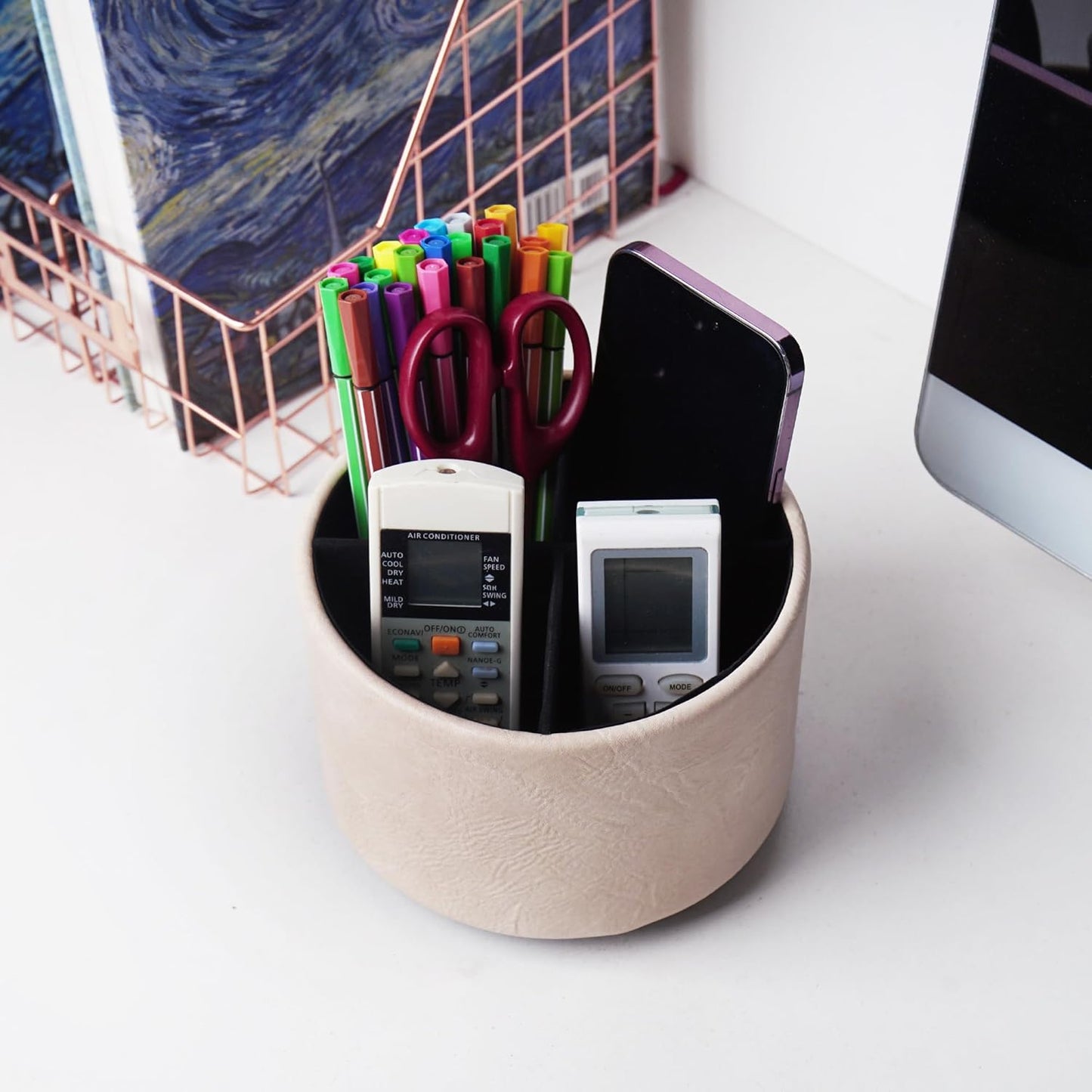 Round Leather Art Supply Organizer,Remote Control Holder,360 Degree Rotating,Multi-Functional Pencil Holder,4 Compartments Desktop Stationary Organizer(1-Fractal Flower) | Round - Colors A