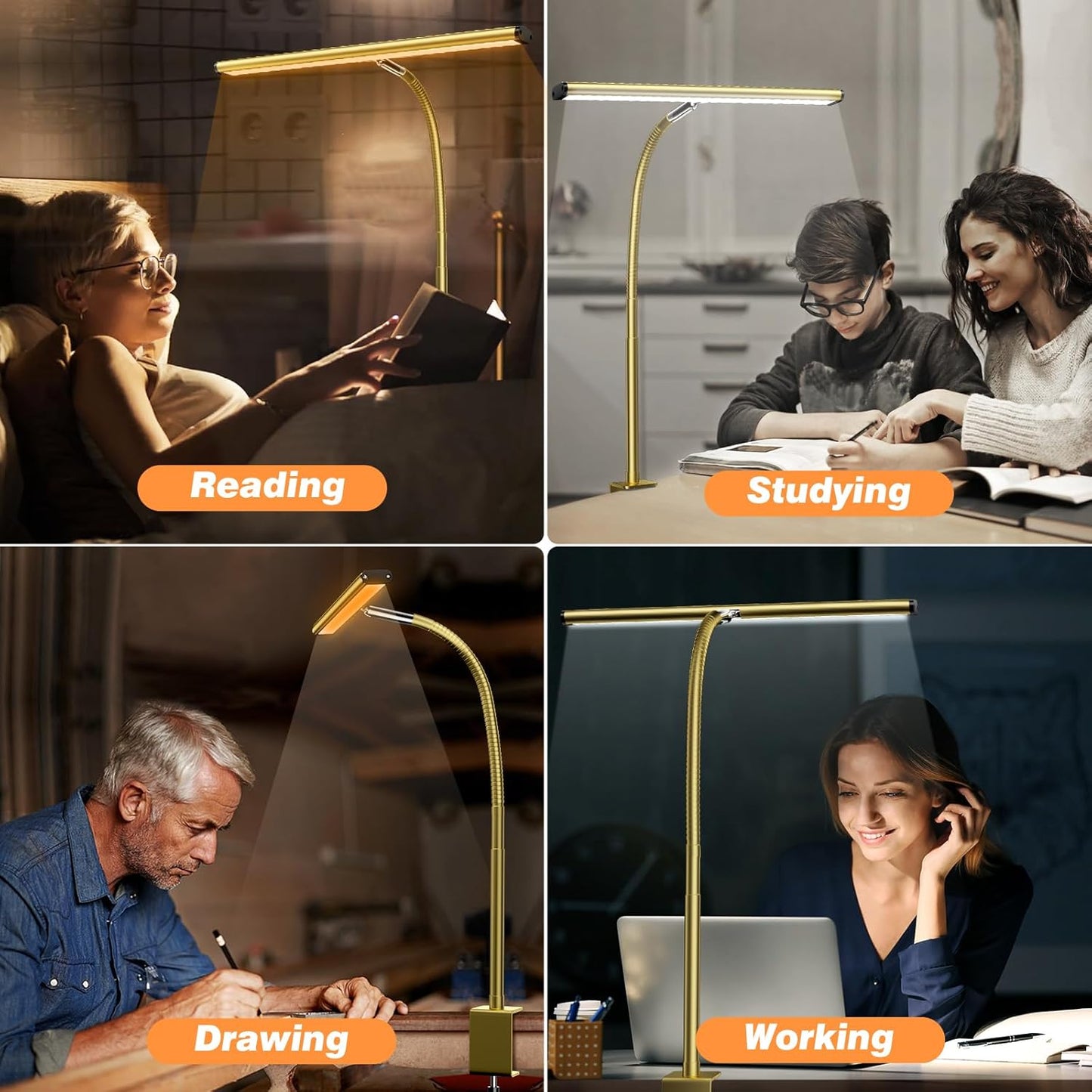 Airlonv LED Desk Lamp for Office Home, Eye-Caring Desk Light with Stepless Dimming Adjustable Flexible Gooseneck, 10W USB Adapter Desk Lamp with Clamp for Reading, Study, Workbench (Black)
