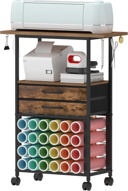 VENNQD Organizer and Storage Stand Compatible with Cricut Machines,Rolling Storage Cart/Shelf with 24 Vinyl Roll Holders，2 Fabric Drawer,Accessories Holder,Tool Hook for Craft Room Home (white)