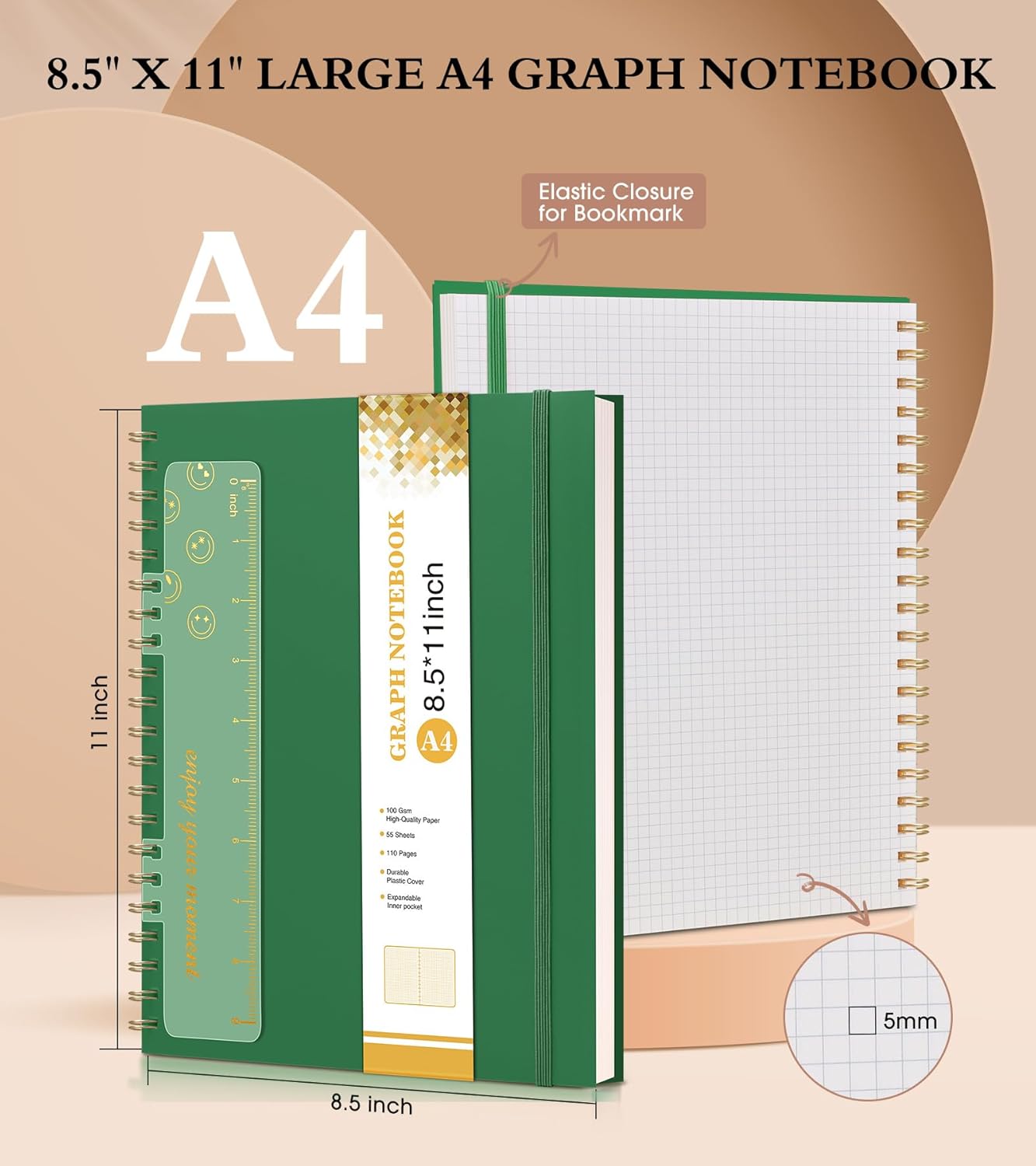 Dotted Notebook, Spiral Notebook Journal 8.5” x 11”, A4 Large Dot Grid Notebooks for Women Men, 100 GSM Dotted Paper, Plastic Hardcover Spiral Bullet Journals for Work School Sketching, Green