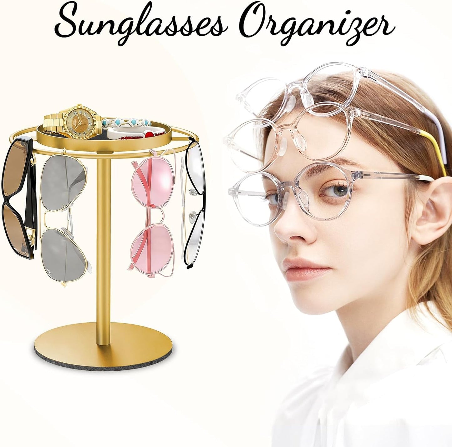 LSK Metal Sunglasses Organizer, Glasses Holder Stand with Storage Tray, Eyeglasses Holder with Anti-Slip Pads for Tabletop, Desk, Dresser, Matte Black