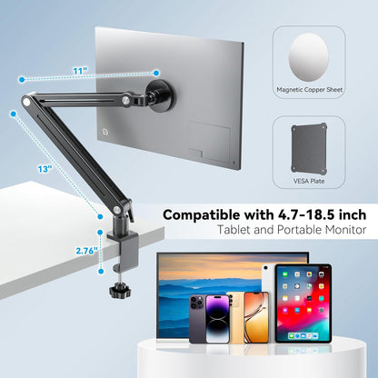 Portable Monitor Stand Large Clamp - Heavy Duty Aluminum Body supports up to 4.4 lbs 16" 17.3" 18.5 inch 360° Rotating Base Swivel Foldable Desk Stand for iPad Holder Tablet Mount for Kitchen/Travel